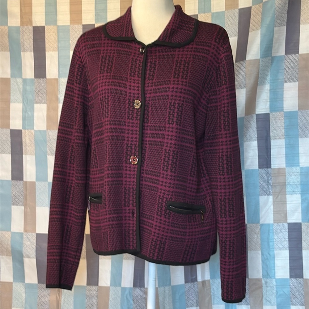 Jones New York Women's Purple Black Button Cardigan Sweater Collar Cotton